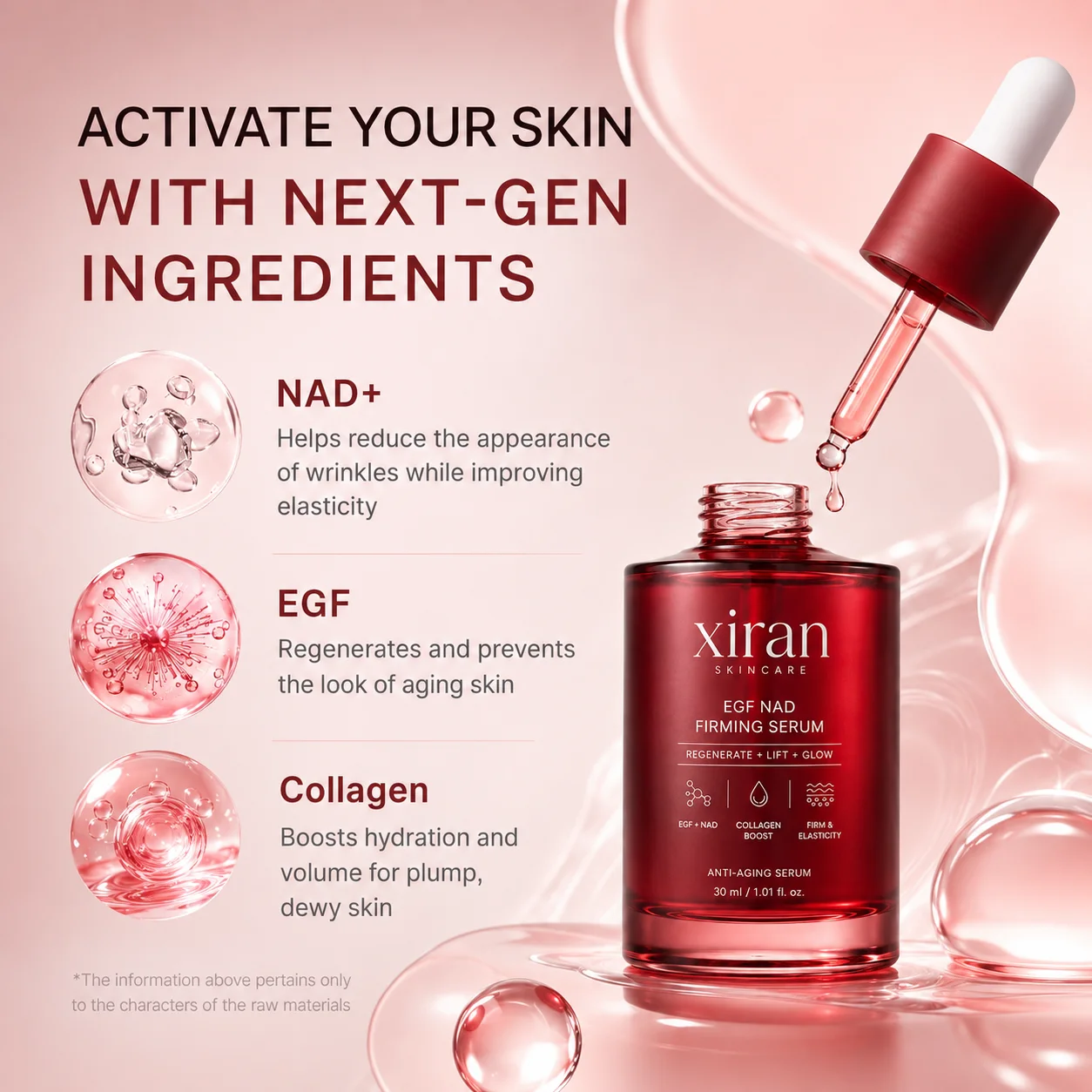 Bottle of Xiran EGF NAD Firming Serum with a dropper, highlighting NAD+, EGF, and Collagen benefits for skin rejuvenation against a pink background.